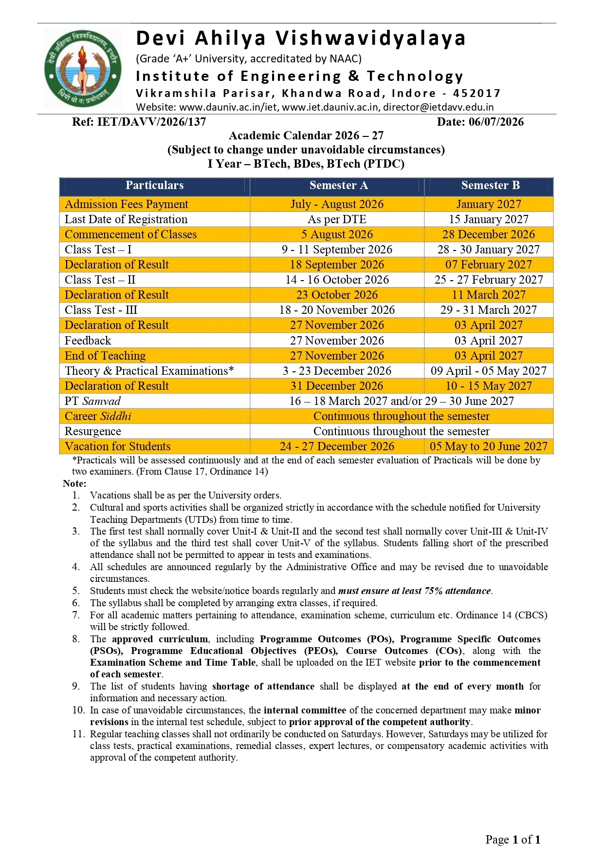 Academic Calendar 2026 27