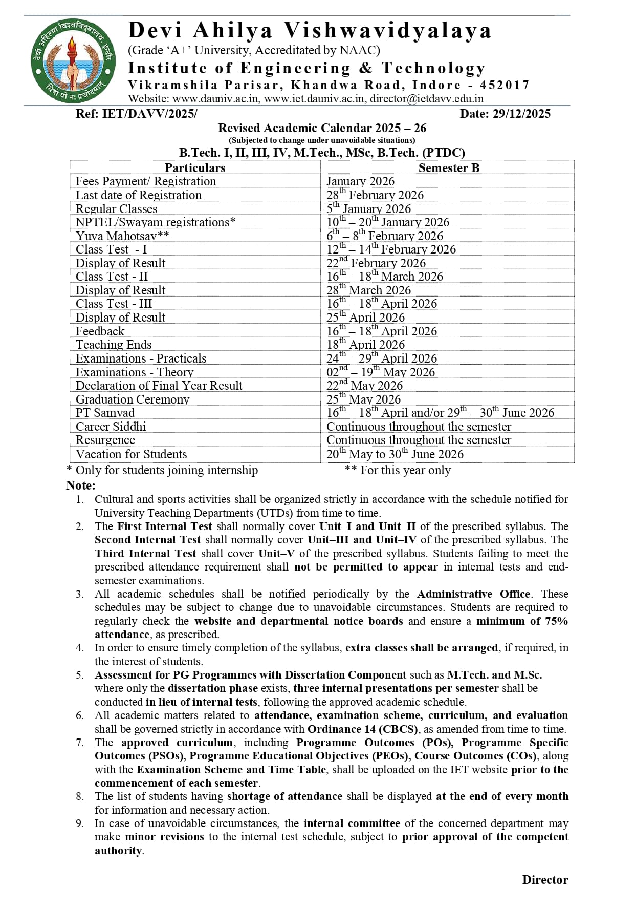 Academic Calendar Revised 2025 26
