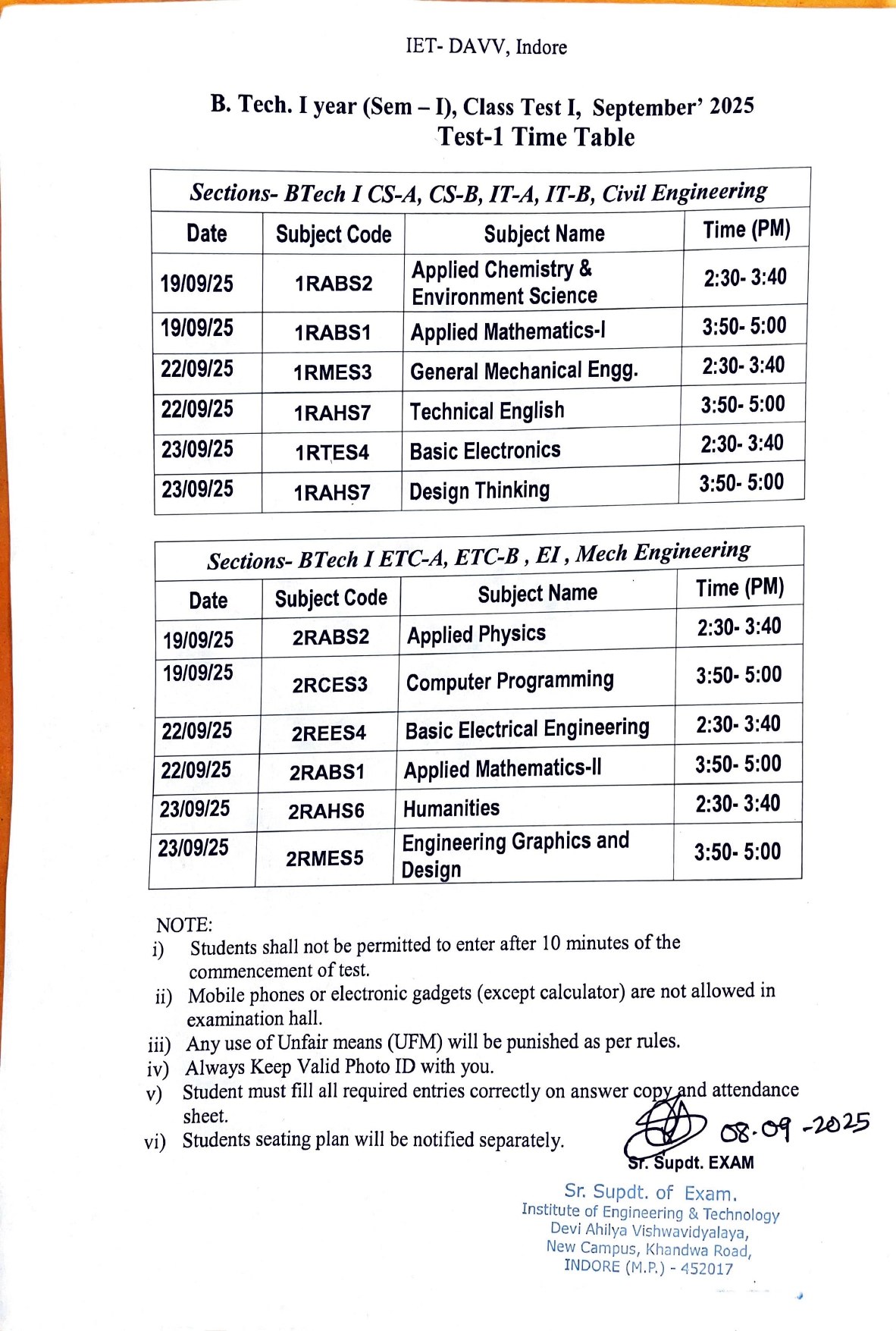 B TECH I YEAR Test I September 2025