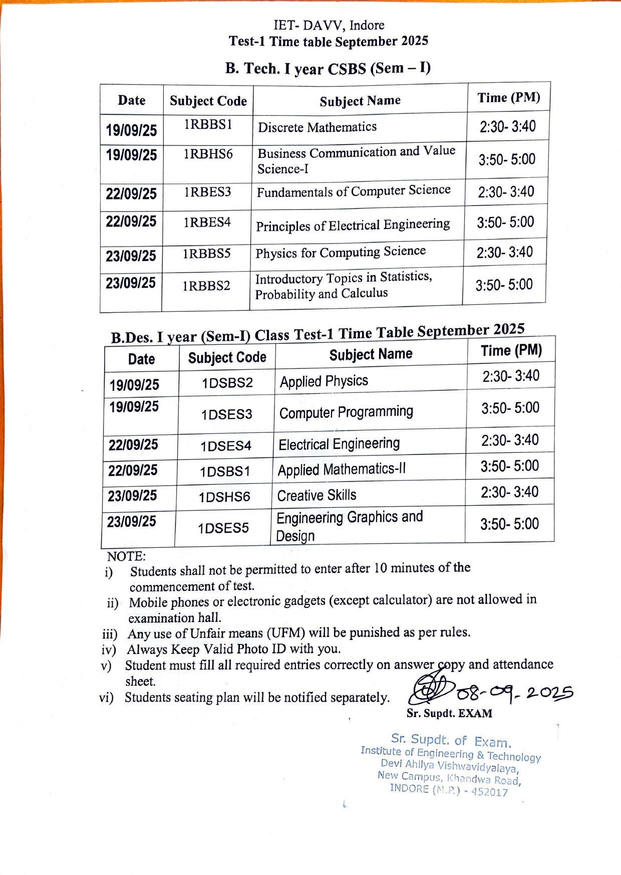 CSBS B.Des Test I TT September 2025